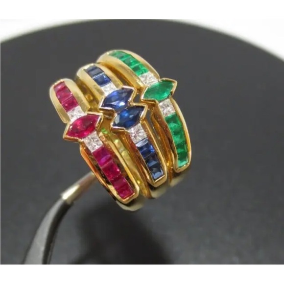 18K GOLD DIAMOND CLUSTER RING EMERALDS, BLUE SAPPHIRES RUBIES MULTI-GEMSTONE - Picture 3 of 10